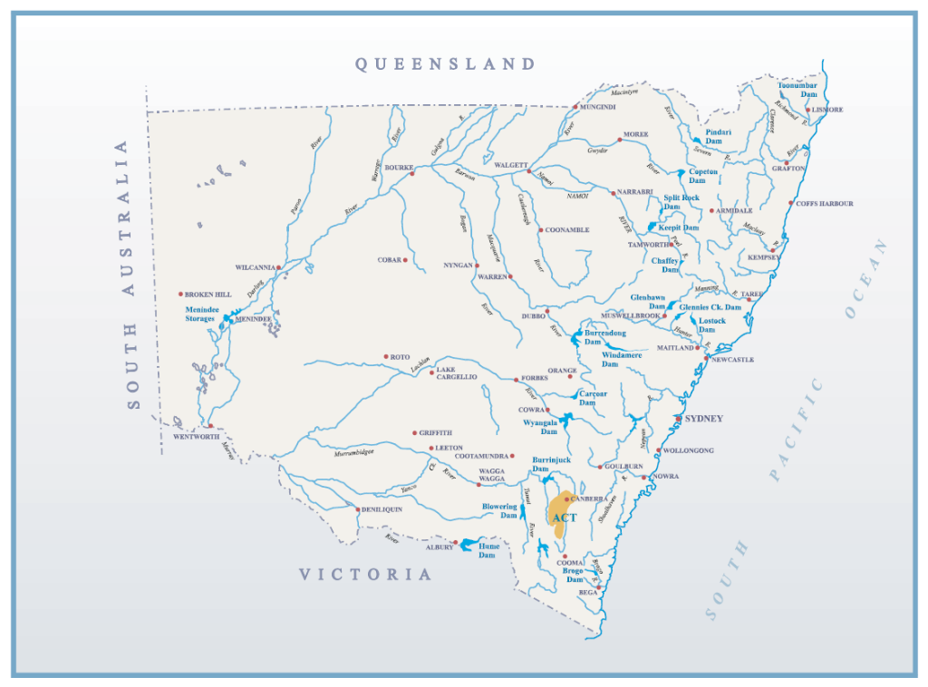 The location of some of the major river systems in New South Wales.