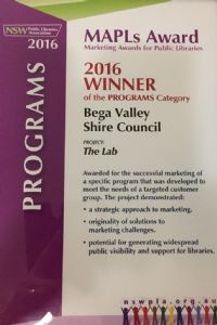The award certificate presented to the Bega Valley Shire Library Service.