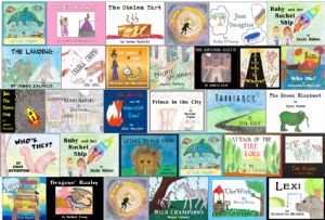 The covers of the books created by the young authors.