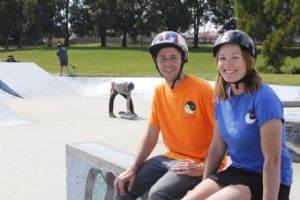 Ownlife, skateboarding teachers Richard Flude and Rachel Delphin. Photo from ABC Tasmania.