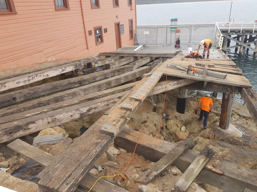 Image of the deck repairs starting at the Tathra wharf.
