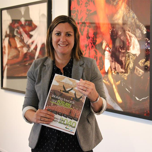 Image of Councillor Kristy McBain with the draft Community Strategic Plan.
