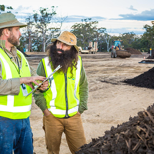 Costa Georgiadis (right) talks organic waste with Bega Valley Shire Council's Mick Jarochowicz during a visit to the Merimbula Waste and Recycling Depot.